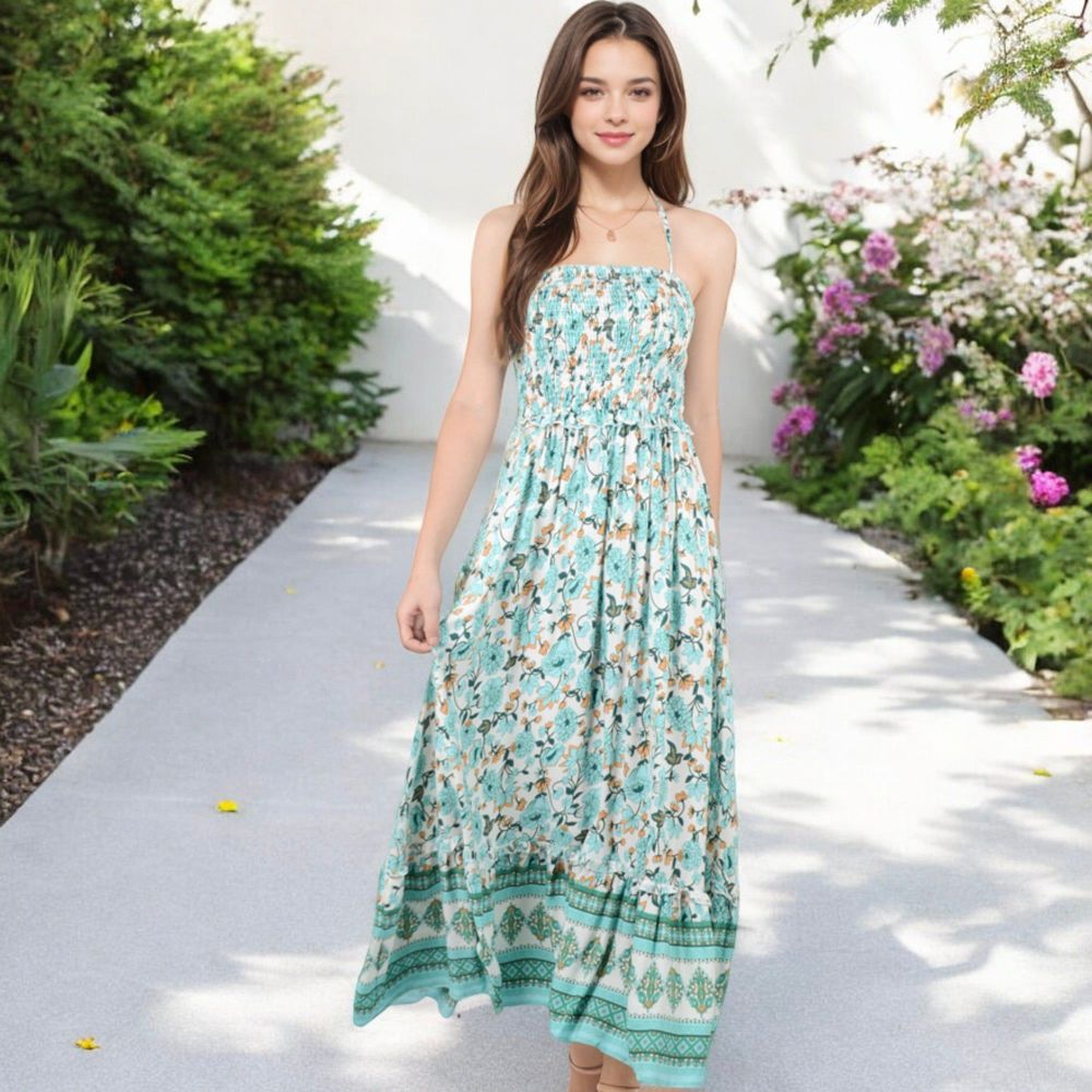 Smocked Strapless Maxi Dress with Floral Print and Tiered Hem