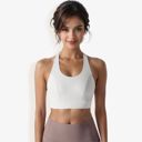 White Medium Women's High Impact Racerback Sports Bra with Seamless Design and Removable Padding