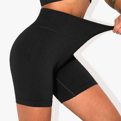 Women's High-Waisted Seamless Biker Shorts Ribbed Compression Yoga Workout Shorts for Fitness and Running