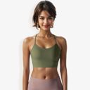 Beige Medium Women's Low Impact Racerback Sports Bra with Seamless Construction and Breathable Fabric