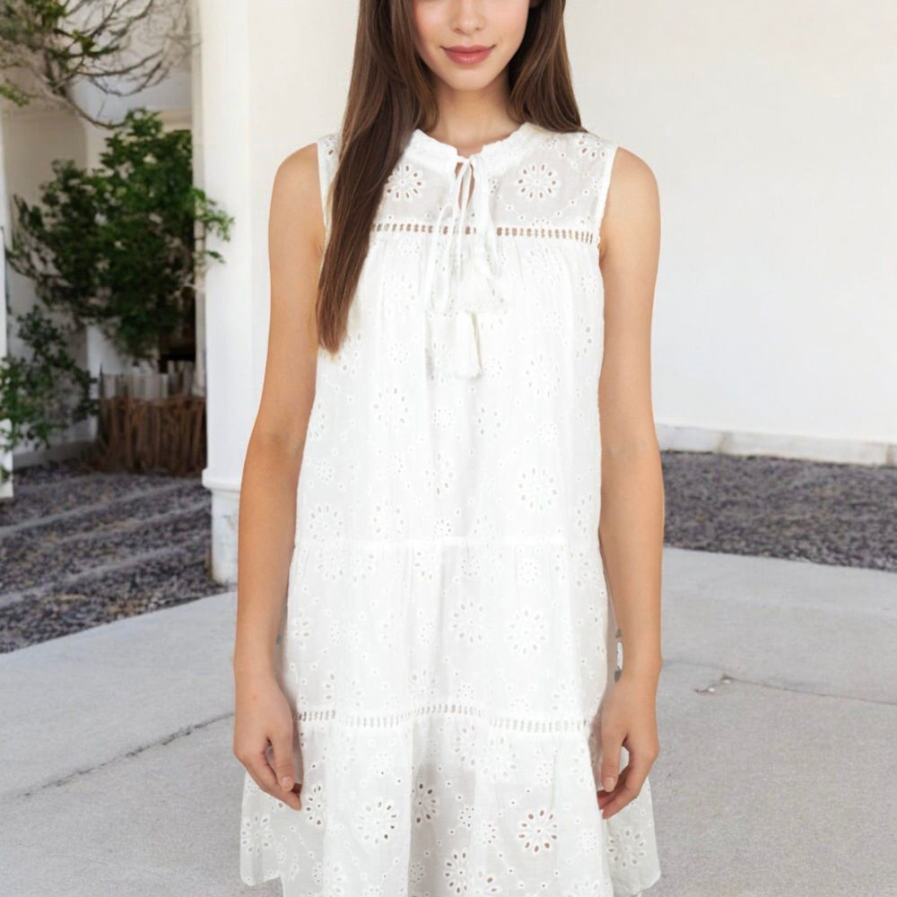 Sleeveless Eyelet Embroidered Tiered A-Line Dress with Tassel Tie Neckline and Scalloped Hem