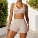 Beige Large Women's V-Neck Sports Bra with Adjustable Straps and Supportive Band