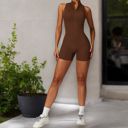 Brown Medium Women's Backless One-Piece Activewear Romper with Open Back Design