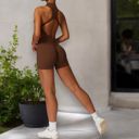 Brown Medium Women's Backless One-Piece Activewear Romper with Open Back Design