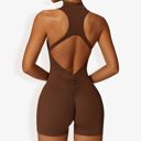 Brown Small Women's Backless One-Piece Activewear Romper with Open Back Design