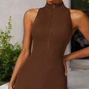 Brown Small Women's Backless One-Piece Activewear Romper with Open Back Design
