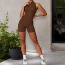Brown Small Women's Backless One-Piece Activewear Romper with Open Back Design