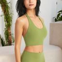 Green Medium Women's High Neck Halter Open Back Sports Bra Padded Seamless Yoga Top for Running, Gym, and Fitness Training