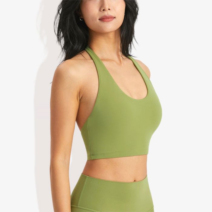 Women's High Neck Halter Open Back Sports Bra Padded Seamless Yoga Top for Running, Gym, and Fitness Training