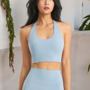 Blue Medium Women's High Neck Halter Open Back Sports Bra Padded Seamless Yoga Top for Running, Gym, and Fitness Training