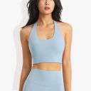 Blue XL Women's High Neck Halter Open Back Sports Bra Padded Seamless Yoga Top for Running, Gym, and Fitness Training