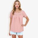  Eyelet Square Neck Top with Short Sleeves, Pleated Front, Lightweight Comfortable Casual Blouse