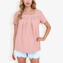  Eyelet Square Neck Top with Short Sleeves, Pleated Front, Lightweight Comfortable Casual Blouse