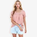  Eyelet Square Neck Top with Short Sleeves, Pleated Front, Lightweight Comfortable Casual Blouse