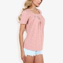  Eyelet Square Neck Top with Short Sleeves, Pleated Front, Lightweight Comfortable Casual Blouse