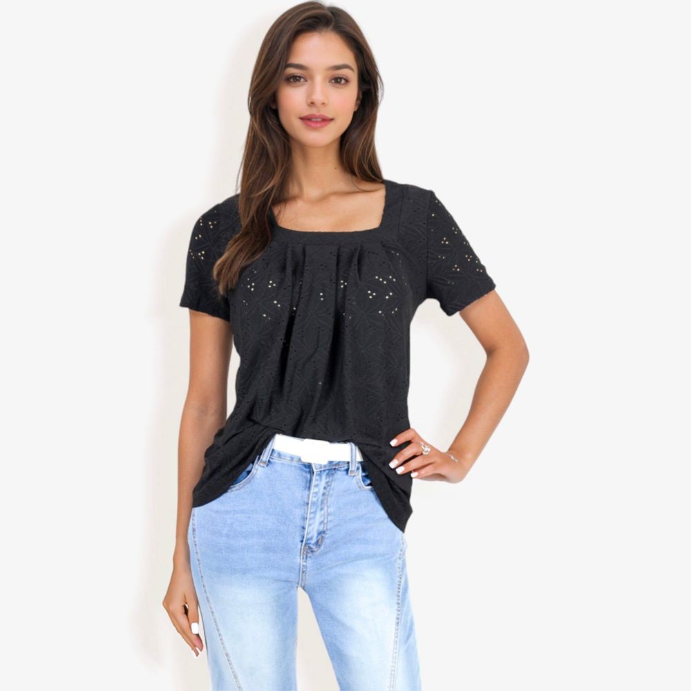 Eyelet Square Neck Top with Short Sleeves, Pleated Front, Lightweight Comfortable Casual Blouse