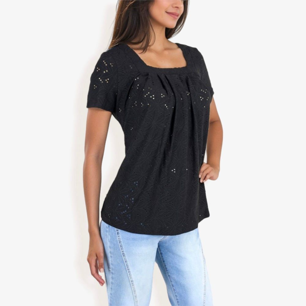 Eyelet Square Neck Top with Short Sleeves, Pleated Front, Lightweight Comfortable Casual Blouse