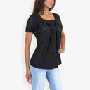 Black Large Eyelet Square Neck Top with Short Sleeves, Pleated Front, Lightweight Comfortable Casual Blouse