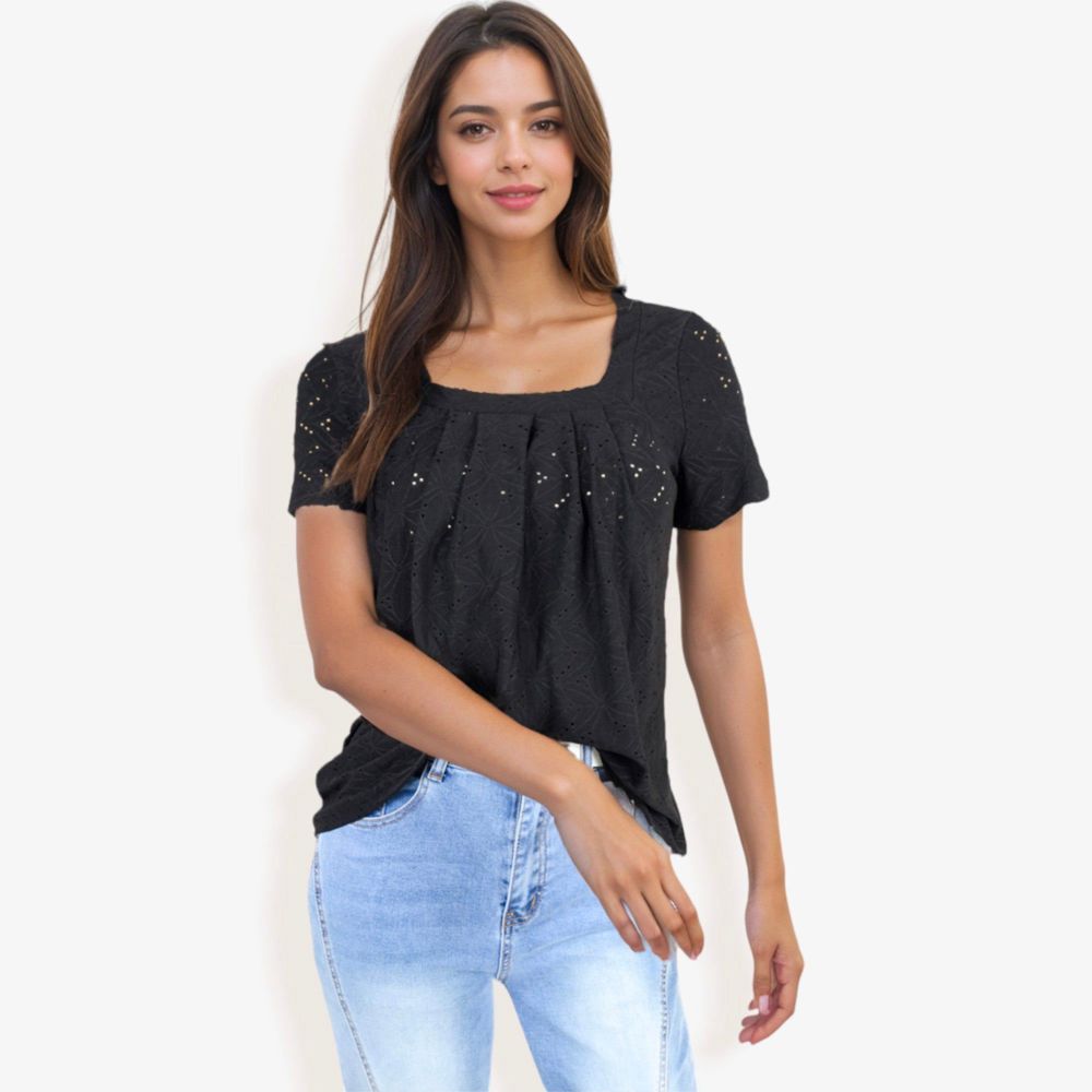 Eyelet Square Neck Top with Short Sleeves, Pleated Front, Lightweight Comfortable Casual Blouse