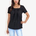 Black Large Eyelet Square Neck Top with Short Sleeves, Pleated Front, Lightweight Comfortable Casual Blouse