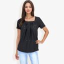 Black Large Eyelet Square Neck Top with Short Sleeves, Pleated Front, Lightweight Comfortable Casual Blouse