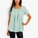 Green Large Eyelet Square Neck Top with Short Sleeves, Pleated Front, Lightweight Comfortable Casual Blouse