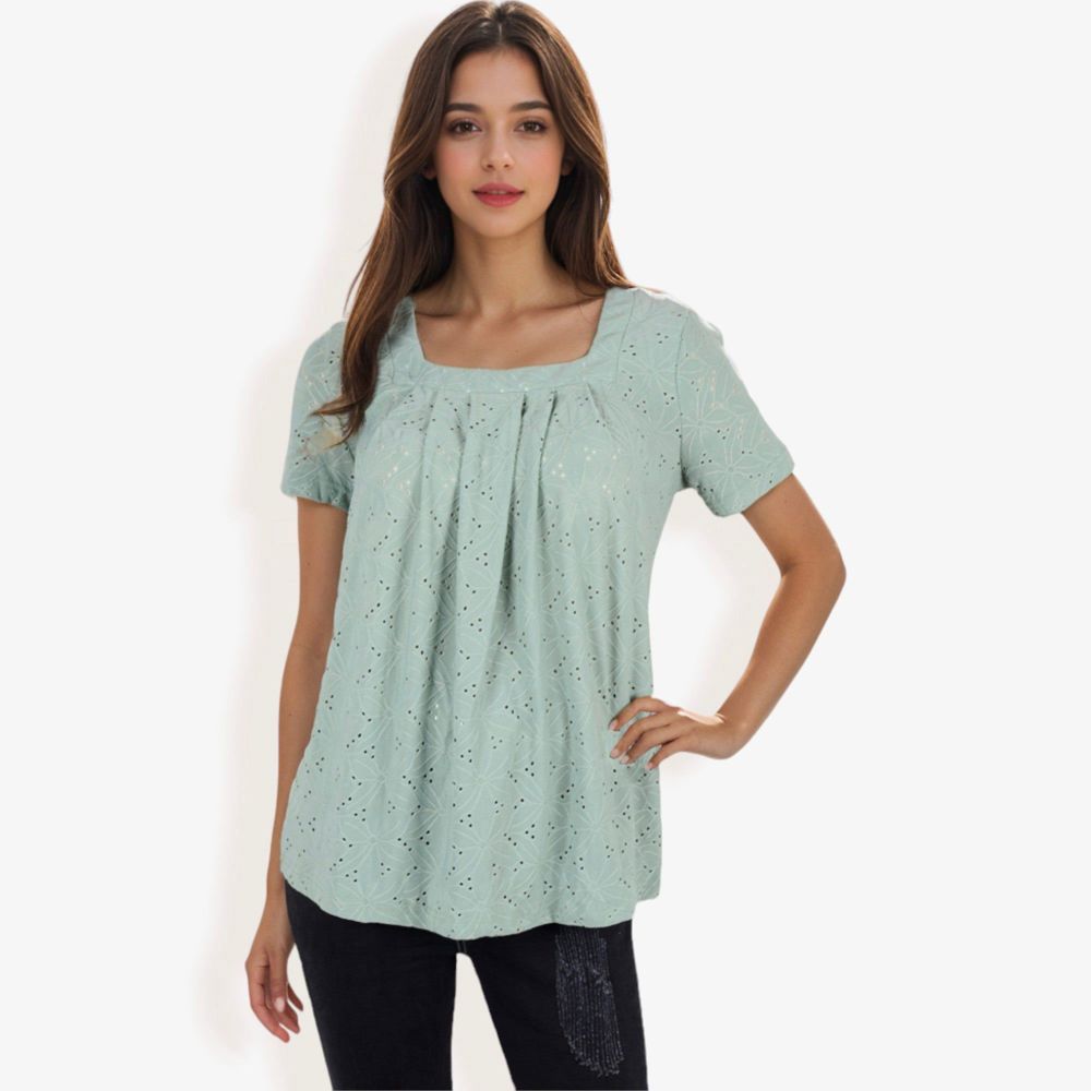 Eyelet Square Neck Top with Short Sleeves, Pleated Front, Lightweight Comfortable Casual Blouse