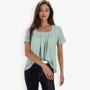 Green Large Eyelet Square Neck Top with Short Sleeves, Pleated Front, Lightweight Comfortable Casual Blouse