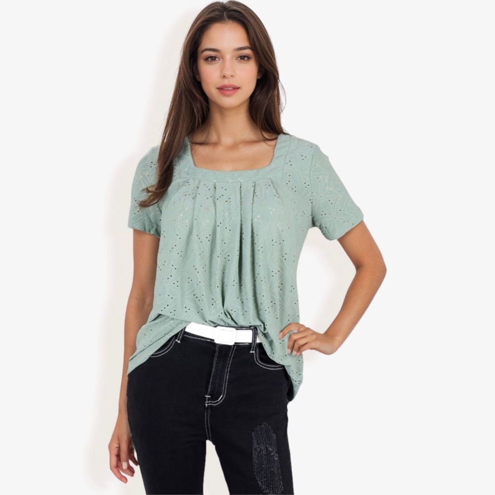 Eyelet Square Neck Top with Short Sleeves, Pleated Front, Lightweight Comfortable Casual Blouse