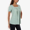 Green Large Eyelet Square Neck Top with Short Sleeves, Pleated Front, Lightweight Comfortable Casual Blouse