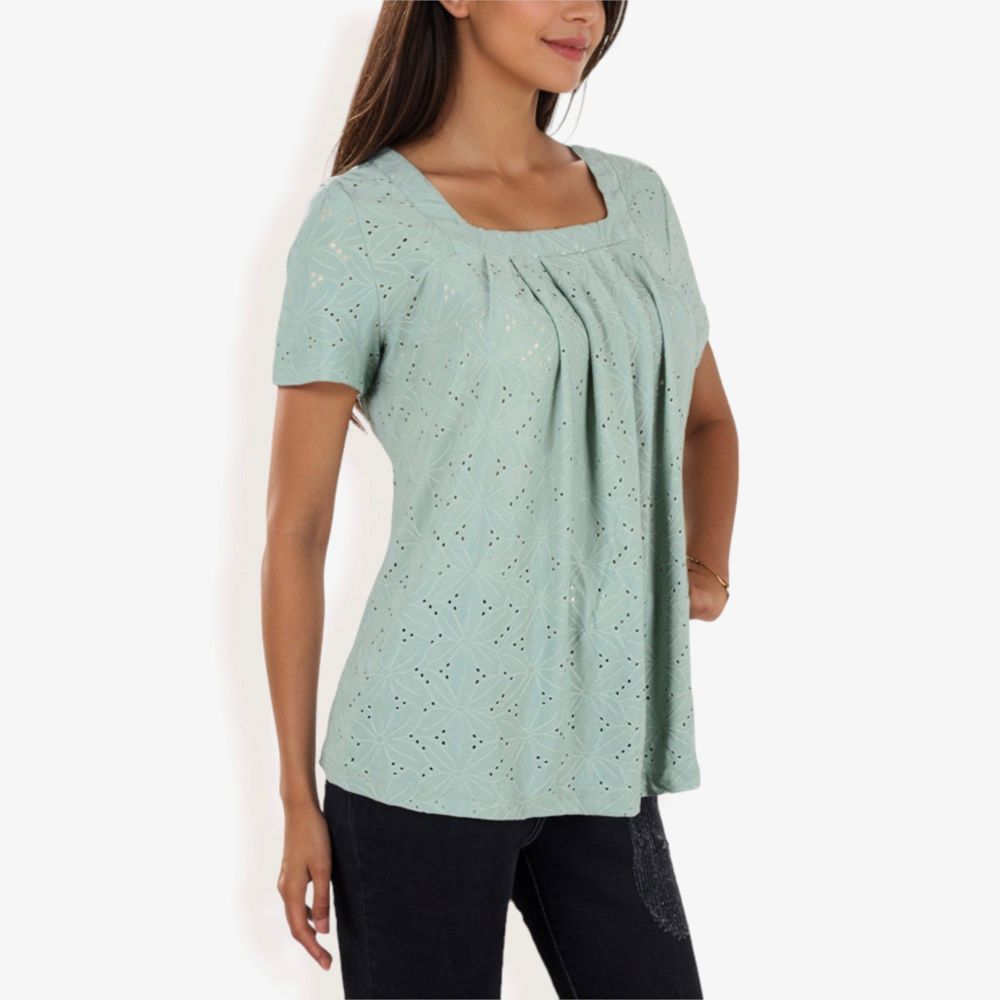 Eyelet Square Neck Top with Short Sleeves, Pleated Front, Lightweight Comfortable Casual Blouse