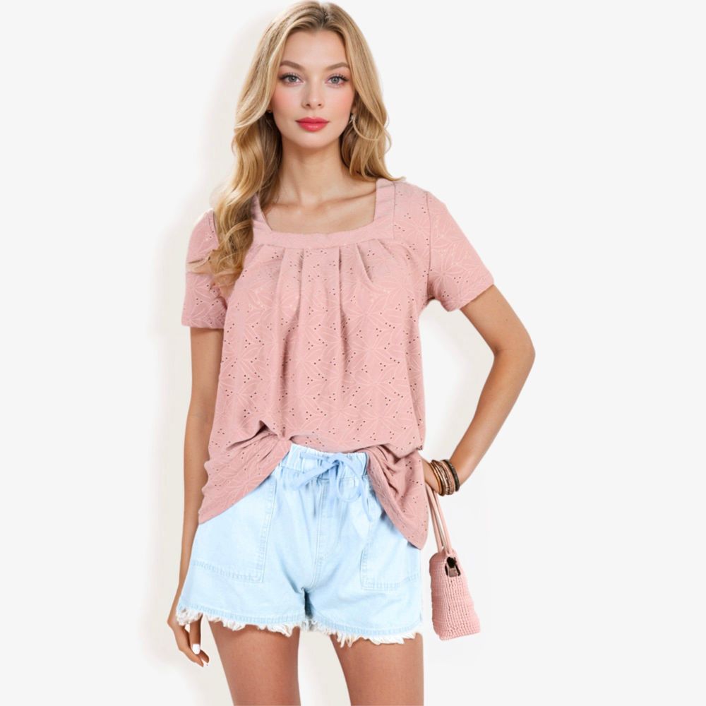 Eyelet Square Neck Top with Short Sleeves, Pleated Front, Lightweight Comfortable Casual Blouse