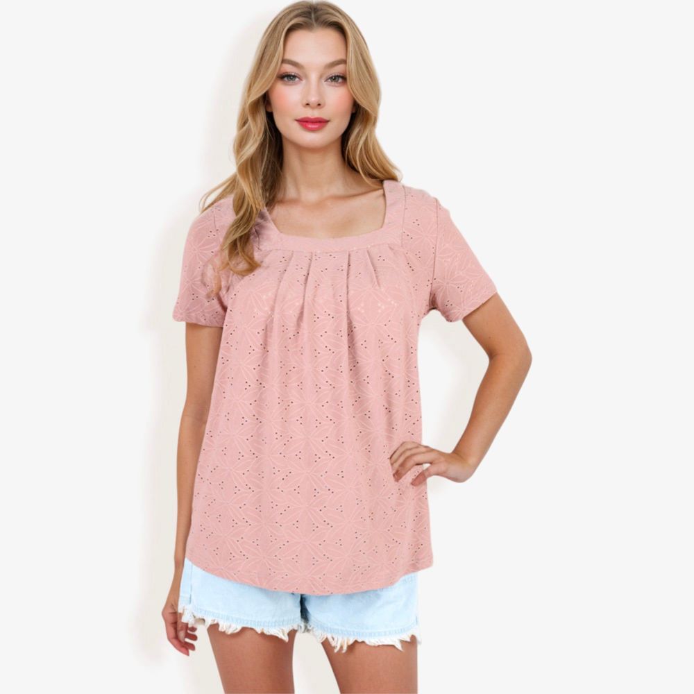 Eyelet Square Neck Top with Short Sleeves, Pleated Front, Lightweight Comfortable Casual Blouse