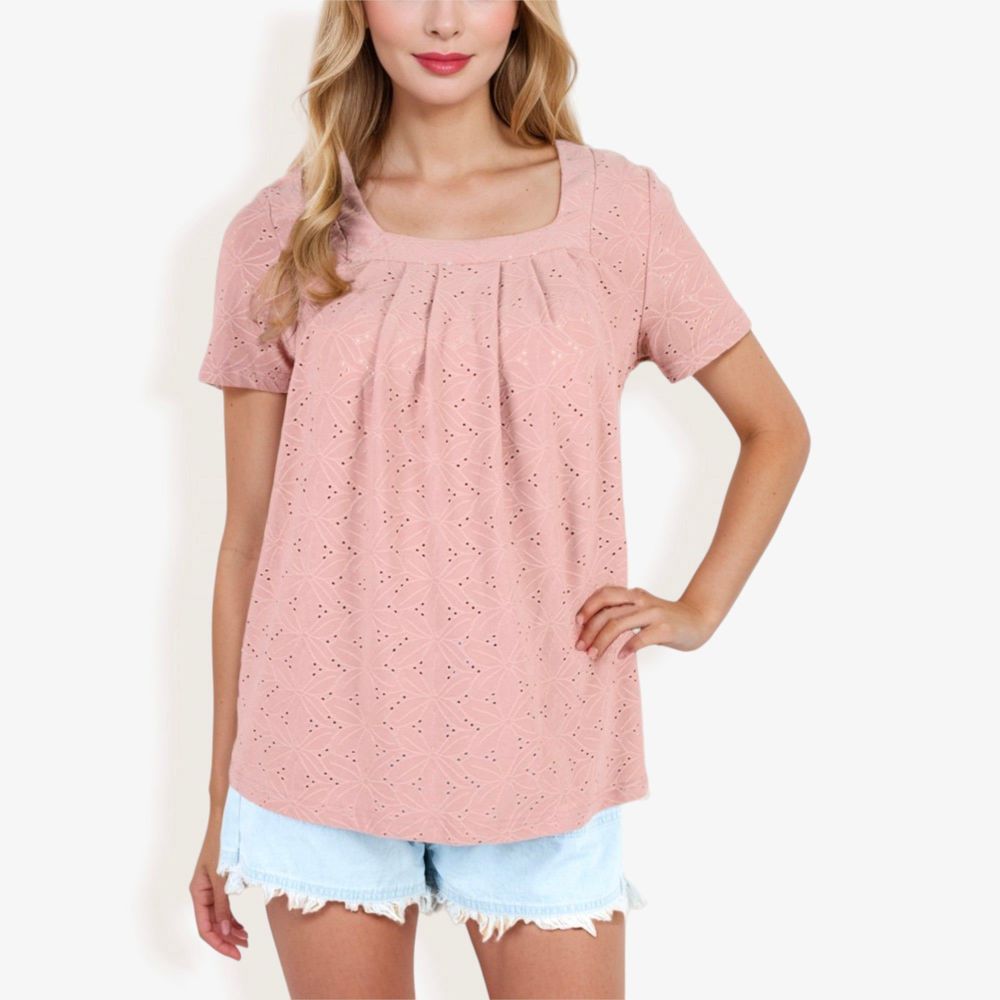 Eyelet Square Neck Top with Short Sleeves, Pleated Front, Lightweight Comfortable Casual Blouse