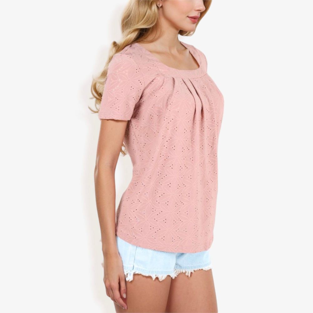 Eyelet Square Neck Top with Short Sleeves, Pleated Front, Lightweight Comfortable Casual Blouse