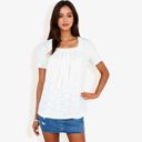 White Large Eyelet Square Neck Top with Short Sleeves, Pleated Front, Lightweight Comfortable Casual Blouse