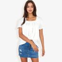 White Large Eyelet Square Neck Top with Short Sleeves, Pleated Front, Lightweight Comfortable Casual Blouse