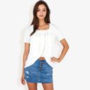 White Large Eyelet Square Neck Top with Short Sleeves, Pleated Front, Lightweight Comfortable Casual Blouse