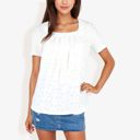 White Large Eyelet Square Neck Top with Short Sleeves, Pleated Front, Lightweight Comfortable Casual Blouse