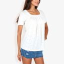 White Large Eyelet Square Neck Top with Short Sleeves, Pleated Front, Lightweight Comfortable Casual Blouse