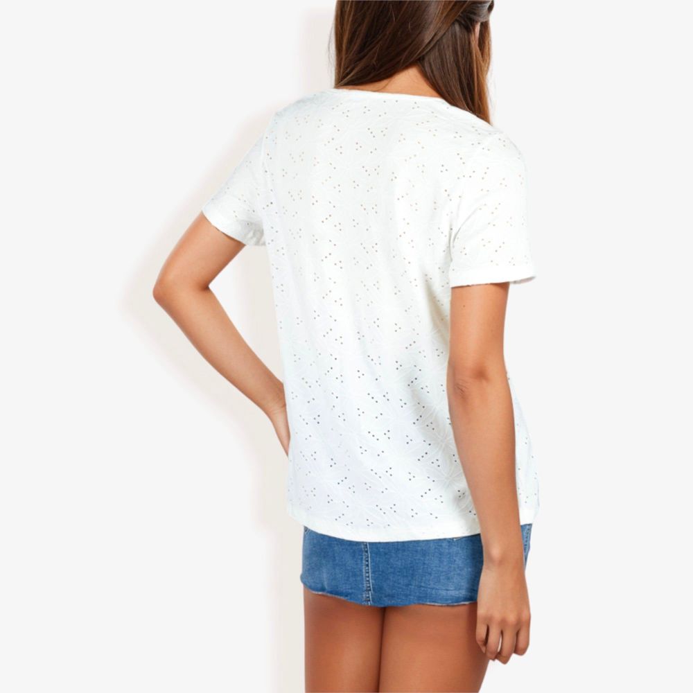 Eyelet Square Neck Top with Short Sleeves, Pleated Front, Lightweight Comfortable Casual Blouse