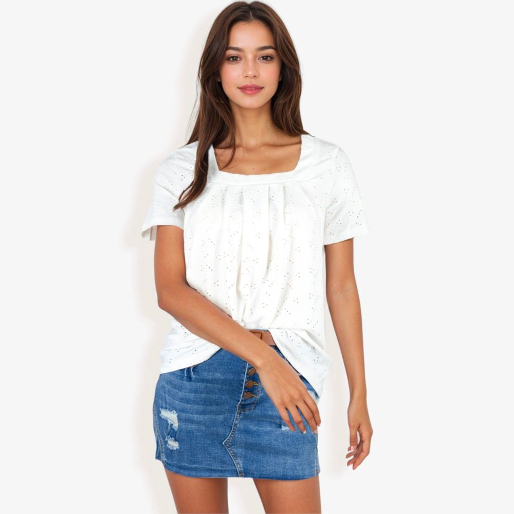 Eyelet Square Neck Top with Short Sleeves, Pleated Front, Lightweight Comfortable Casual Blouse