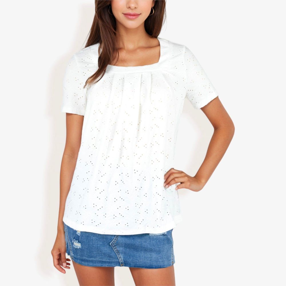 Eyelet Square Neck Top with Short Sleeves, Pleated Front, Lightweight Comfortable Casual Blouse