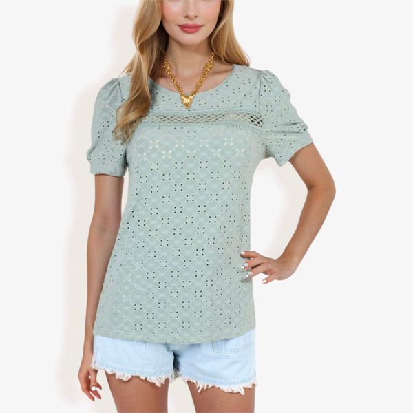 Eyelet Lace Short Sleeve Top with Puff Shoulders and Scalloped Hem