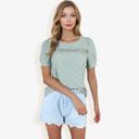  Eyelet Lace Short Sleeve Top with Puff Shoulders and Scalloped Hem