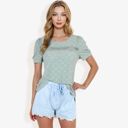  Eyelet Lace Short Sleeve Top with Puff Shoulders and Scalloped Hem