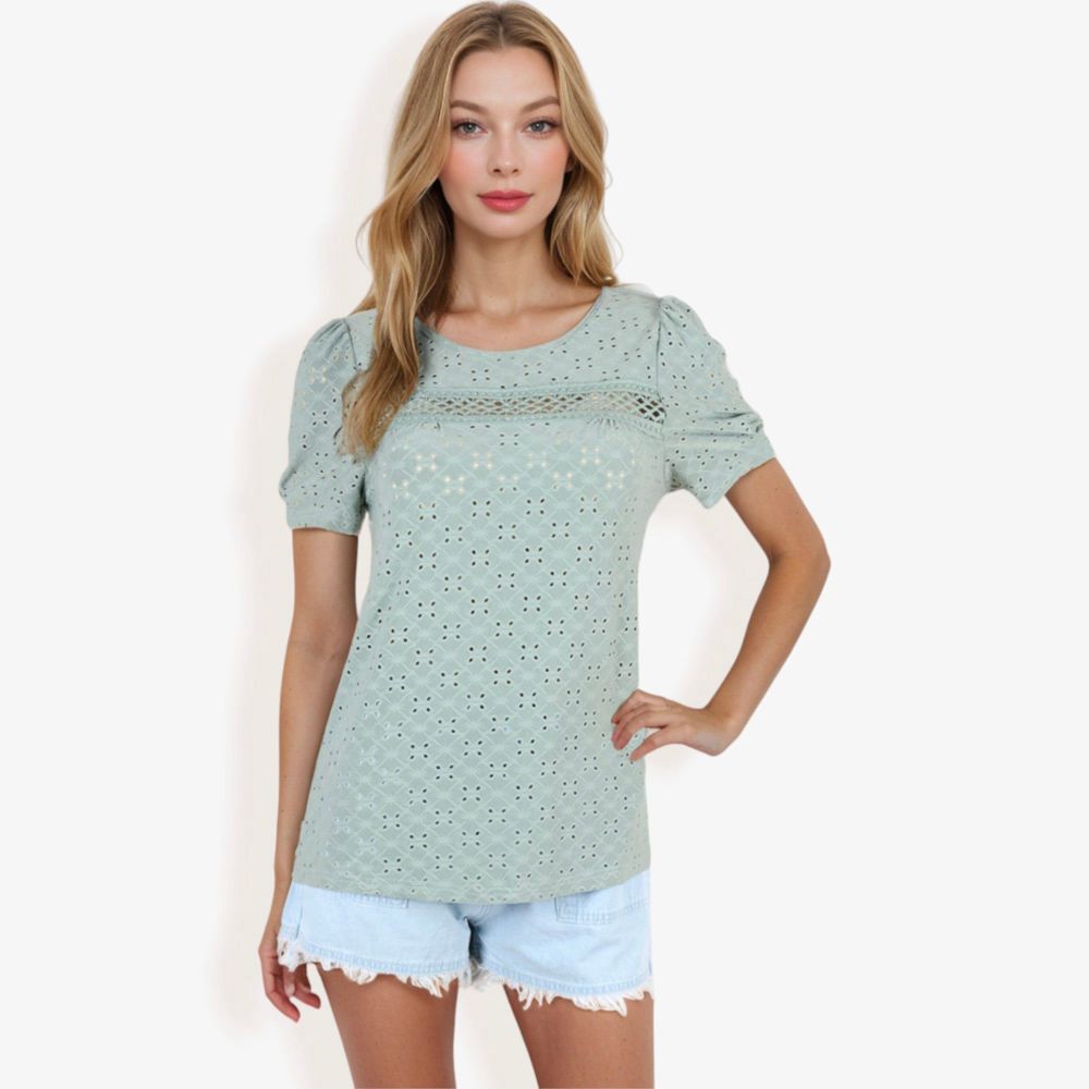 Eyelet Lace Short Sleeve Top with Puff Shoulders and Scalloped Hem