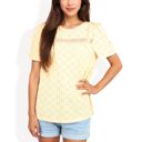 Beige Large Eyelet Lace Short Sleeve Top with Puff Shoulders and Scalloped Hem