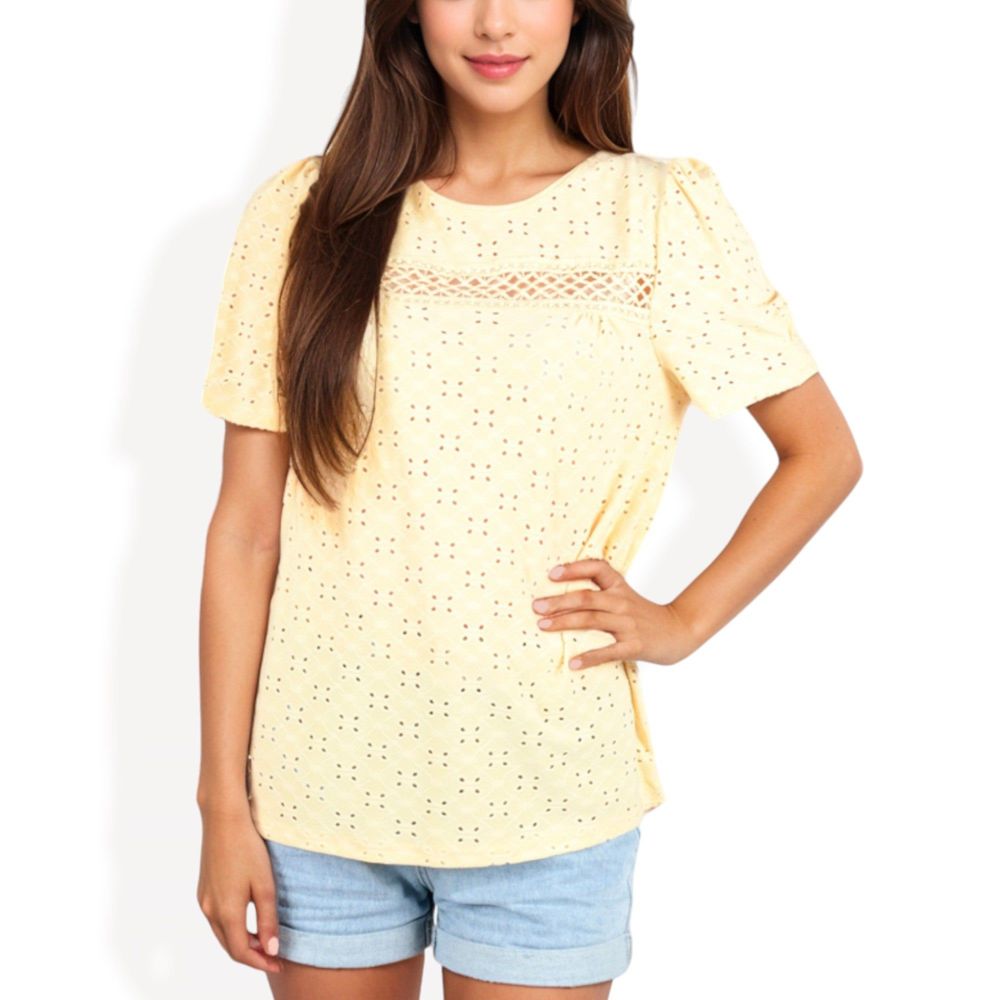 Eyelet Lace Short Sleeve Top with Puff Shoulders and Scalloped Hem