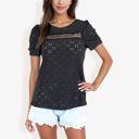 Black Large Eyelet Lace Short Sleeve Top with Puff Shoulders and Scalloped Hem